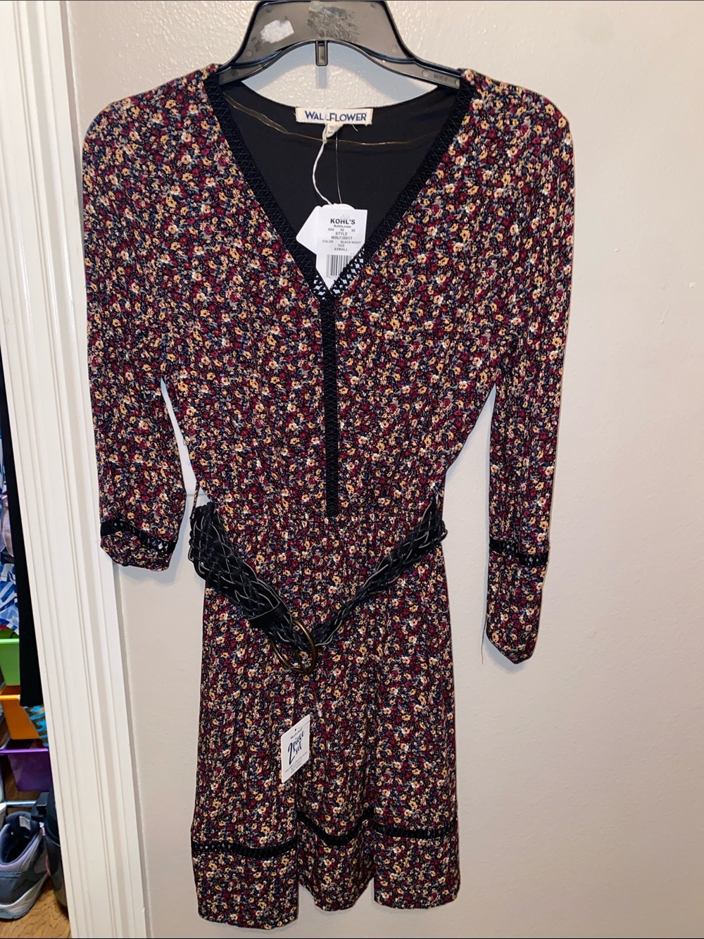 Wallflower Burgundy Multi Floral V-Neck Long Sleeve Dress